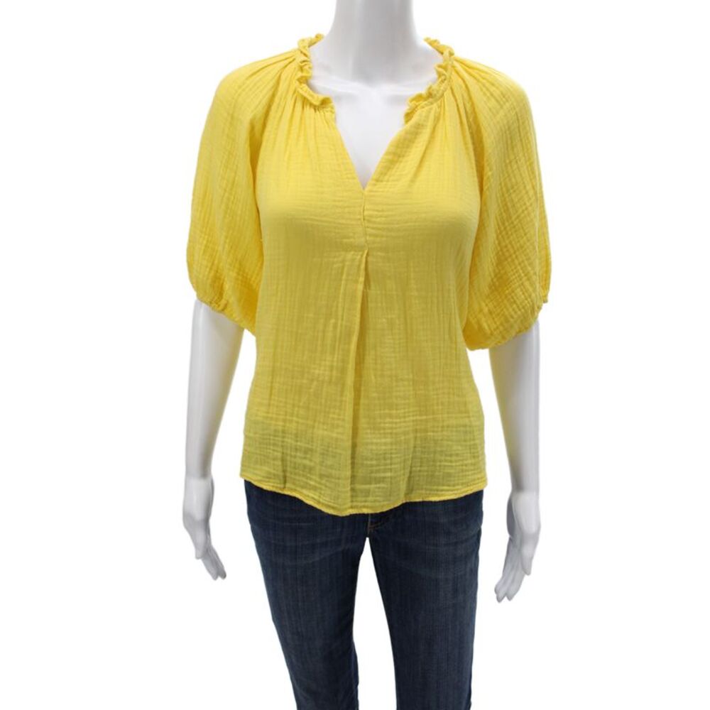 Xirena Womens Yellow V-Neck Cotton Short Sleeve Blouse Size XS